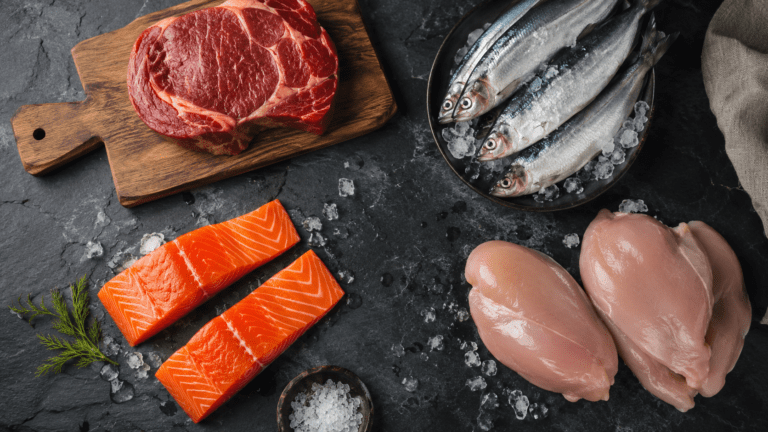 Rått kjøtt og fisk med høyt kreatininnhold – biff, laks, sild og kylling sett ovenfra