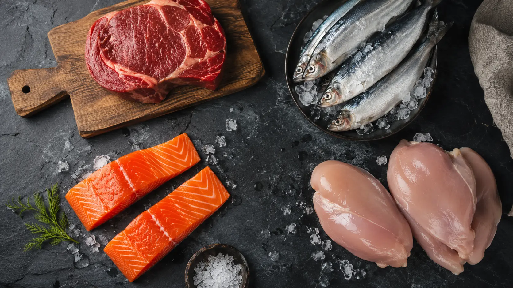 Proteinrik mat som egg, kylling, fisk og meieriprodukter