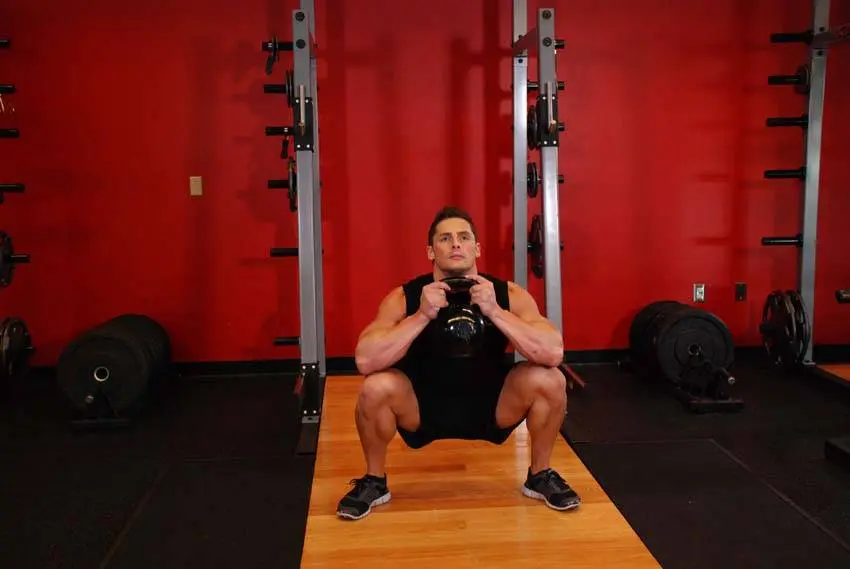 Goblet squat sluttposisjon i bunn med lårene under vannrett og overkroppen oppreist