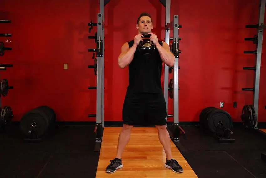 Goblet squat startposisjon stående med manualen holdt tett inntil brystet