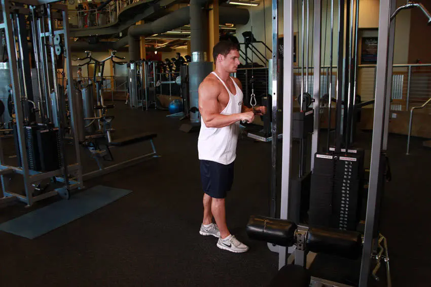 Triceps pushdown startposisjon med albuene inntil sidene og underarmene vannrette